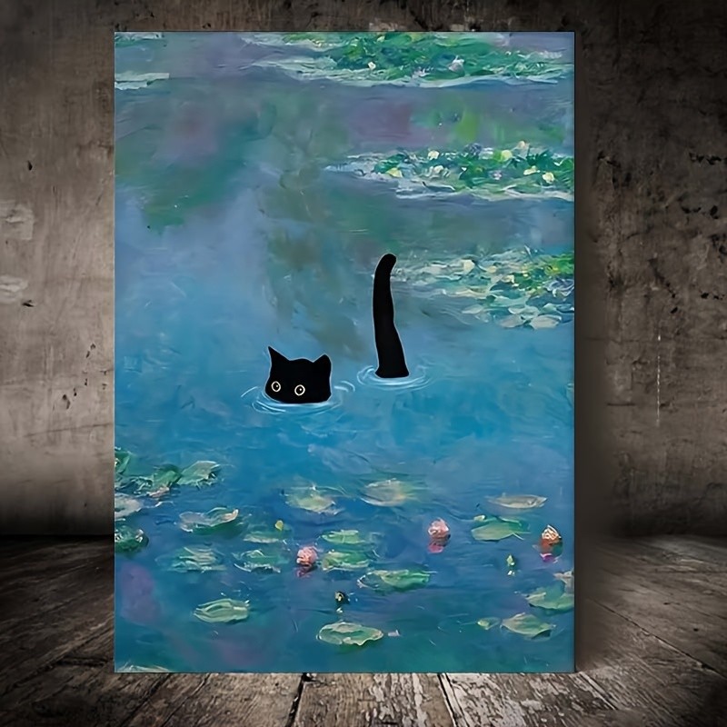 

Retro Water Lily Aesthetic Canvas Painting Art Print Wall Bedroom Living Room Funny Black Cat Canvas Print Poster Picture