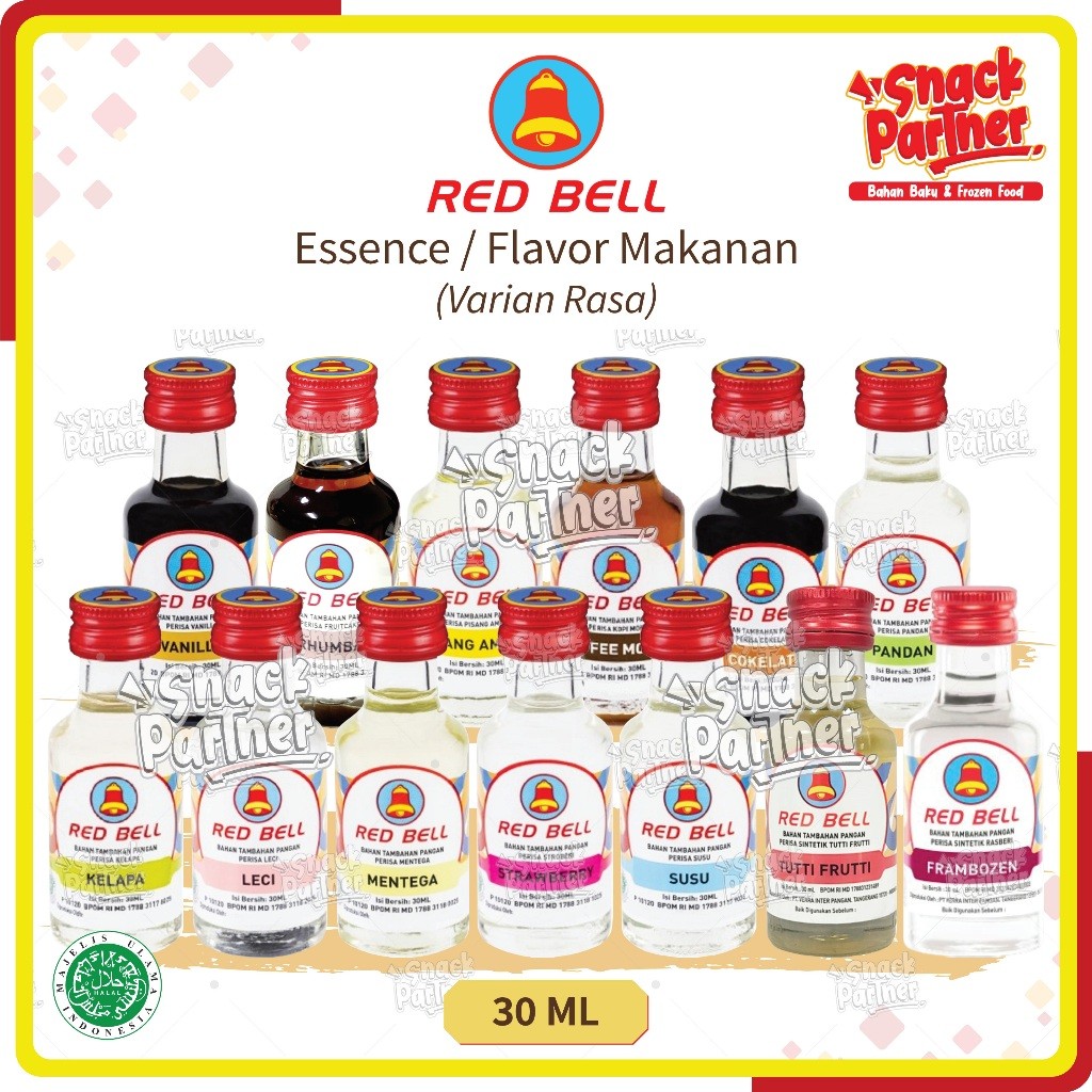 

RED BELL ESSENCE 30 ML - FLAVOR MAKANAN Vanilla Rhumba Pisang Ambon Coffee Mocha Mocca Coklat Pandan Kelapa Leci Mentega Stroberi Susu Tutti Frutti Frambozen