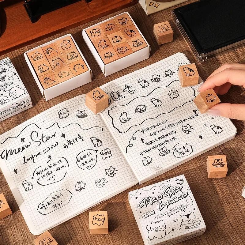 

9pcs/set Mini Kawaii Wooden Stamps for Studenr Kids Funny Sweet Animal Stamp for DIY Decor Scrapbook Journal School Supplies