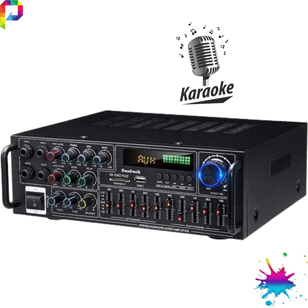 Ampli Blutut Audio Karaoke Amplifier Bluetooth Stereo Equalizer FM EQ 4 mic Sunbuck 2000 Watt