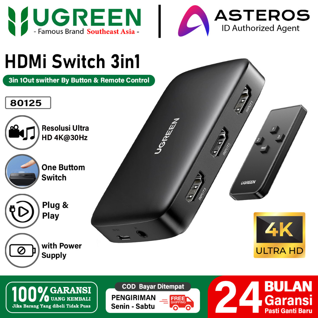 UGREEN HDMI Switcher 3 in 1 Out 4K HD 1080P With Remote