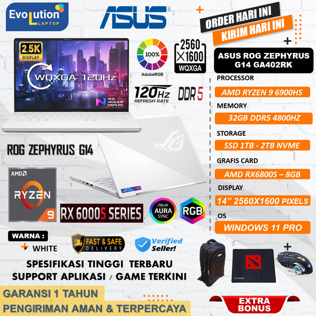 Laptop Gaming ASUS ROG Zephyrus G14 GA402RK Animatrix RX6800S RYZEN 9 6900HS Ram 32GB 1TB SSD window