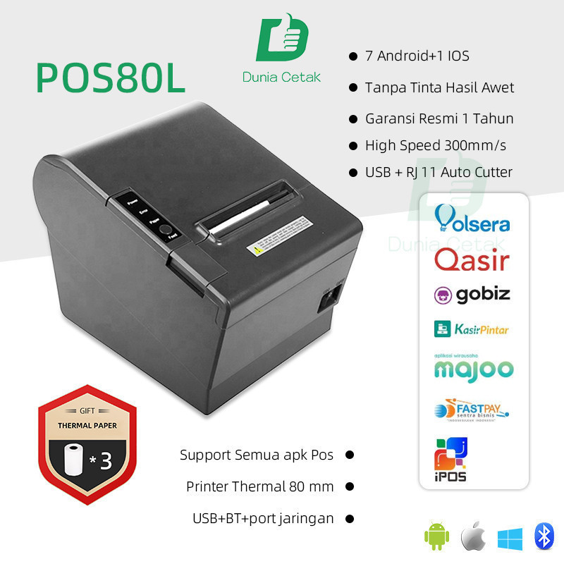 

Printer thermal Printer 300mm/s BLUETOOTH+USB 80mm Thermal Cash Receipt POS Printer Auto Cutter dan *3 Roll Kertas 80x40mm