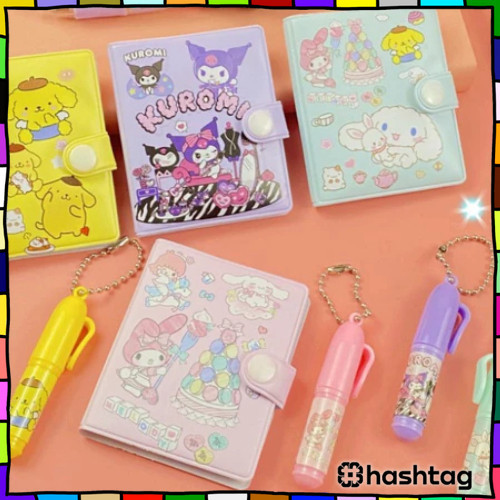 

#️⃣ Mini Klip Note Book and Pen / Buku Diary Kancing Sanrio / Cute Mini Note Book 2 in 1 / Set Memo Diary Motif Sanrio Y3434