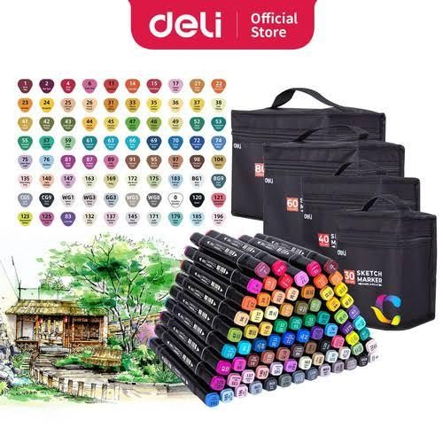 

【M-MT】DISKON!!! DELI DUAL TIP SKETCH MARKER COLORING SET SPIDOL GAMBAR DALAM TAS - 60 warna