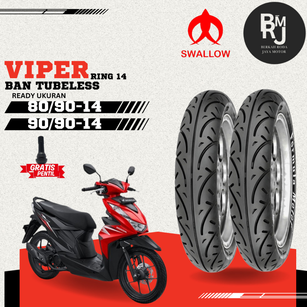 SEPASANG / SATUAN BAN MOTOR MATIC SWALLOW VIPER Ring 14 TUBELESS DEPAN BELAKANG BEAT MIO VARIO GENIO
