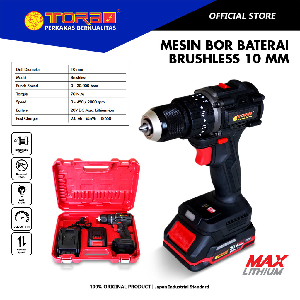TORA Mesin Bor Baterai Brushless 10 MM 20V - Bor Cordless Brushless Impact Drill