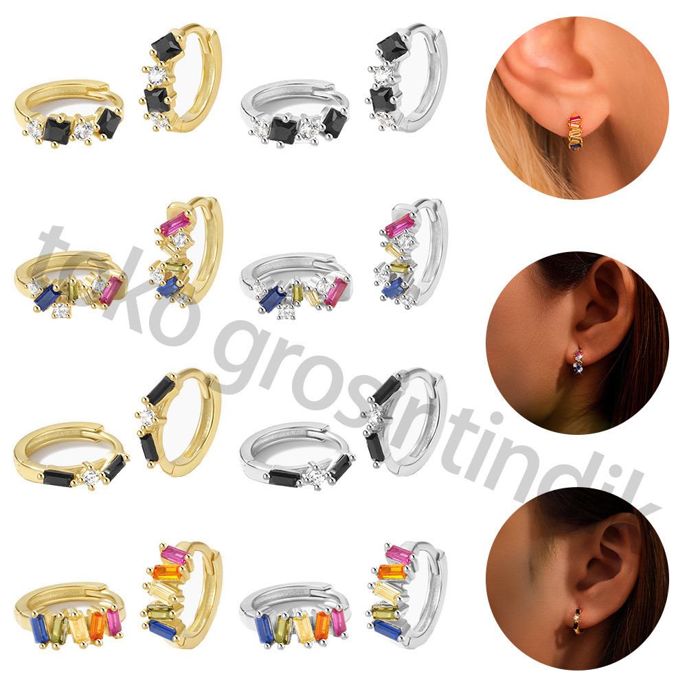 1 pc Anting-anting Kancing Zirkonia Berwarna Geometris Perhiasan Tindik Telinga Elegan Berlapis Emas