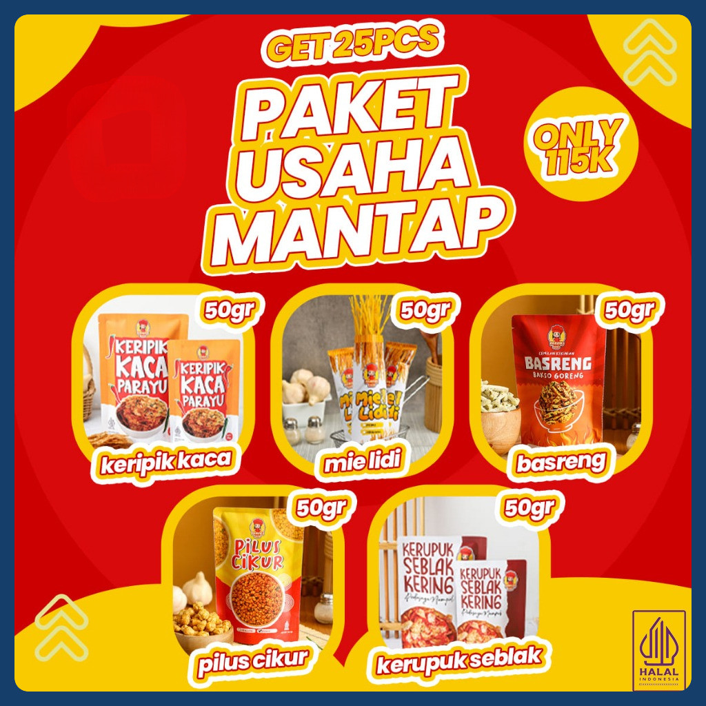 

Parayu Food - Paket Usaha Mantap 25 Pcs Ukuran 50gr Varian Basreng Kripca Lidi Cikur Kerupuk