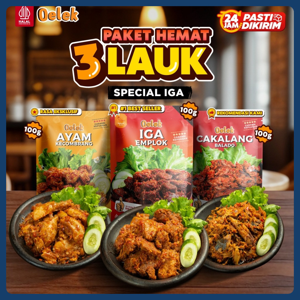 

Oelek Paket 3 Bebas Pilih Special Iga Emplok Tanpa Tulang / Iga Emplok / Cakalang Balado / Cumi Cabe Ijo / Ayam Kecombrang / Ceker Emplok