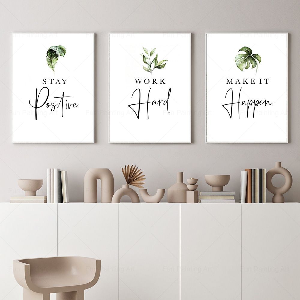 

Stay Positive Work Hard Motivational Botanical Leaf Poster Inspirational Quote Prints Wall Art Canvas Painting Office Room Decor