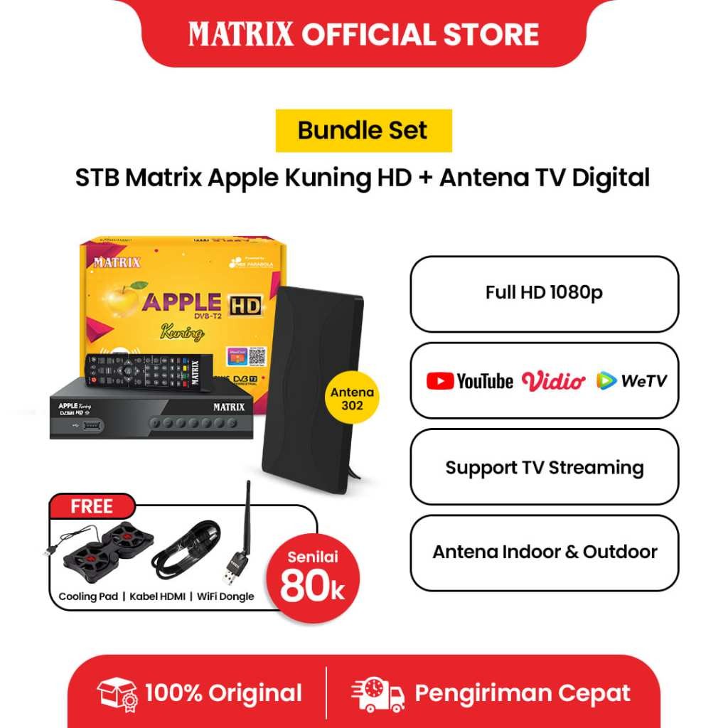 Bundle MATRIX Set Top Box Apple Kuning DVBT2 HD + Antena TV Digital HD 302 Hemat