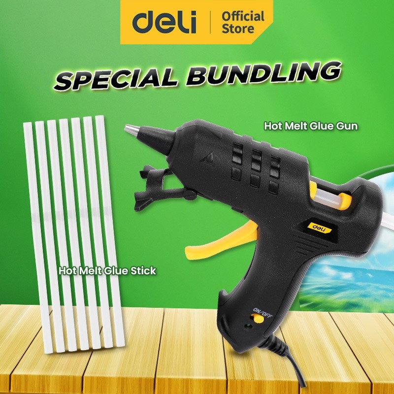

BEST SELLER SPECIAL BUNDLING !!! Deli Hot Melt Glue Gun 20W + Isi / Glue Stick Refill 10 Pcs / EDL402020+EDL5042