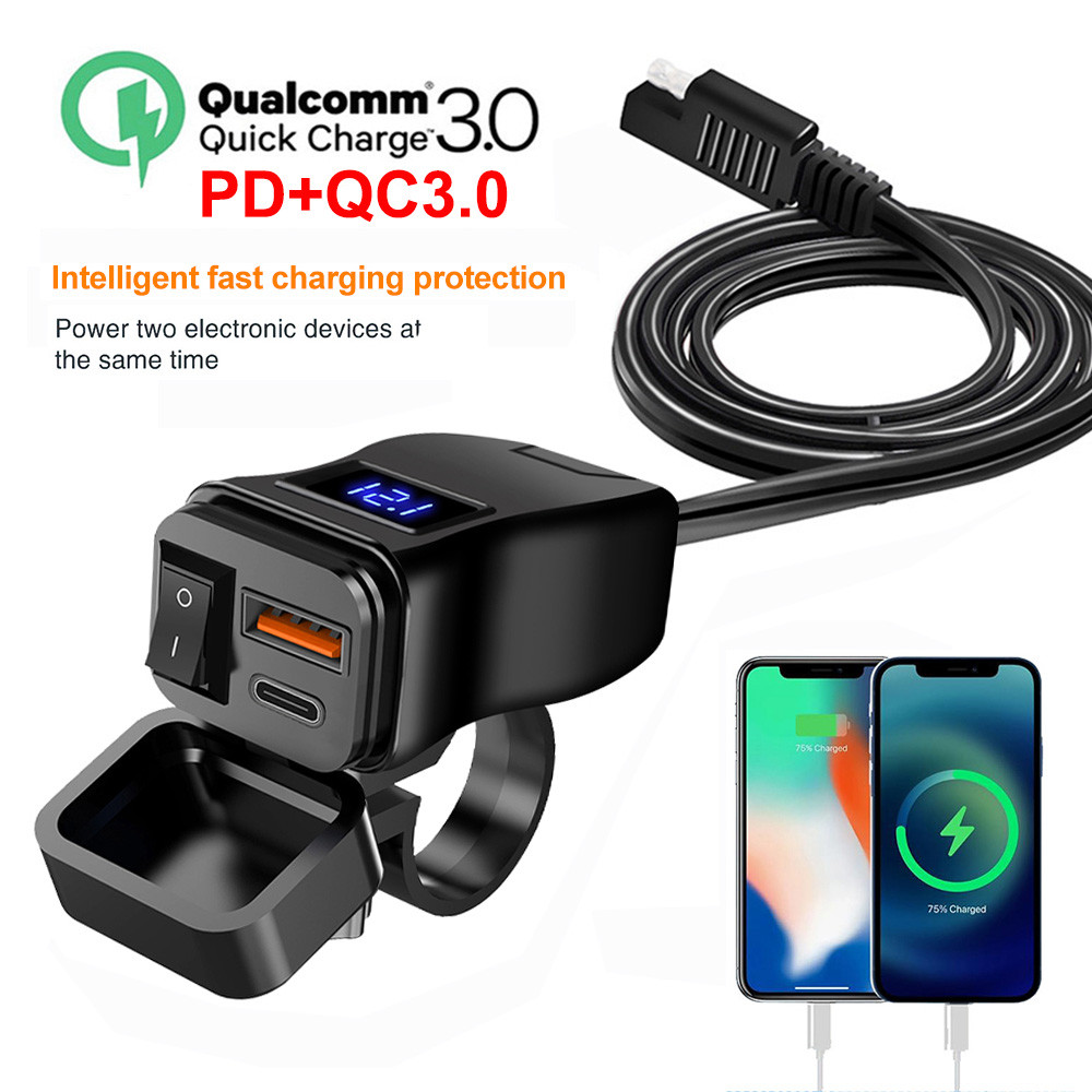 PD Dual QC3.0 Motorcycle USB Charger Fast Charging With Voltmeter Thermometer Digital Display Mobile