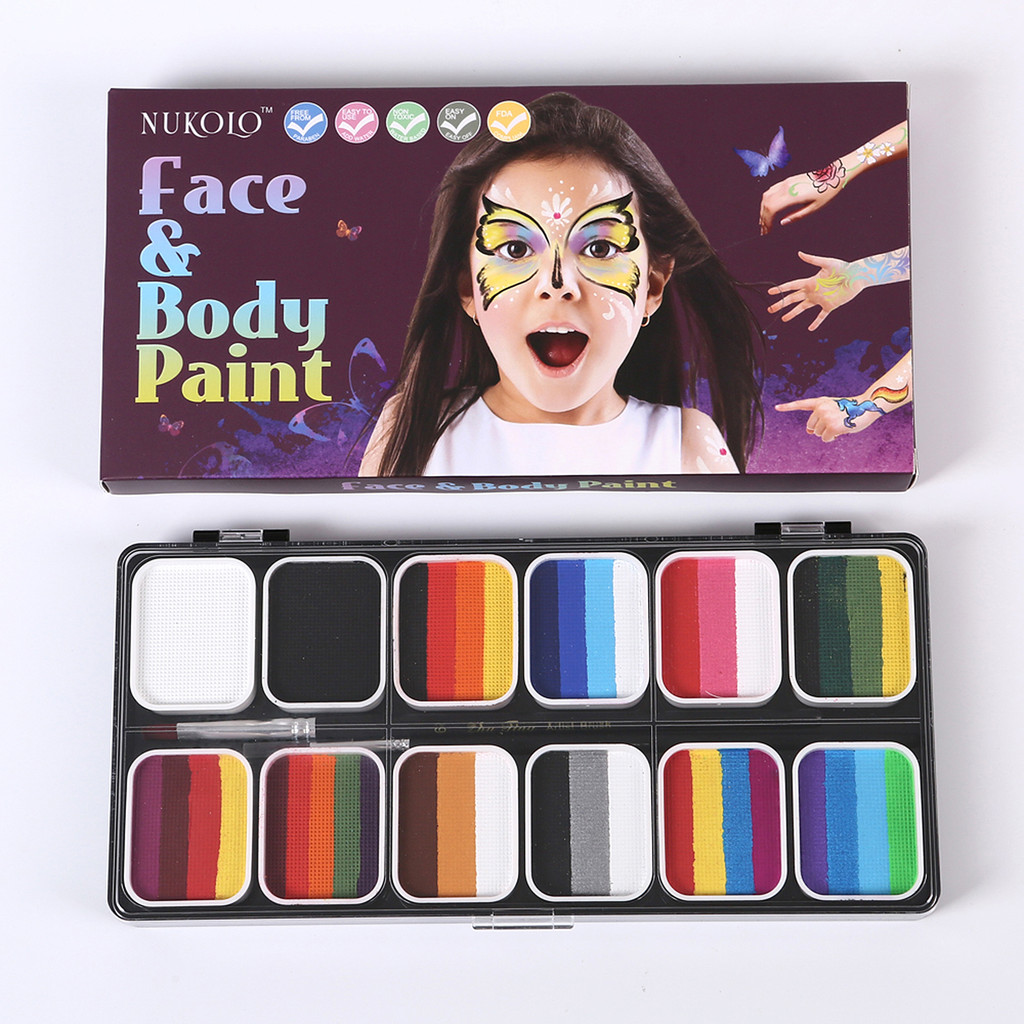 

Paint Palette Set 12 Colors Set Professional Face Split Cakes with 6 Paintbrushes Safe & Non-Toxic Water Activated