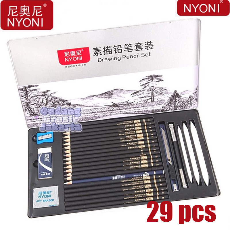 

Nyoni Drawing Pencil Gambar Set 29pcs Metal Tin Box Pensil Gambar Lukis Sketsa Lengkap Paket JunDW