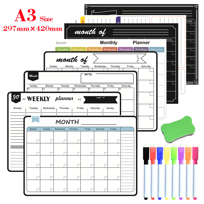 

A3 Size Magnetic Monthly Weekly Planner Calendar Table Dry Erase Whiteboard Blackboard Fridge Sticker Message Board Menu