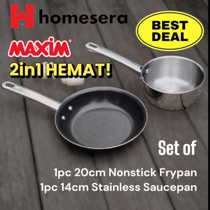 MAXIM 2in1 FRYPAN ANTI LENGKET 20cm PLUS PANCI SUSU STAINLESS 14cm| WAJAN NON STICK | SAUCEPAN STAIN