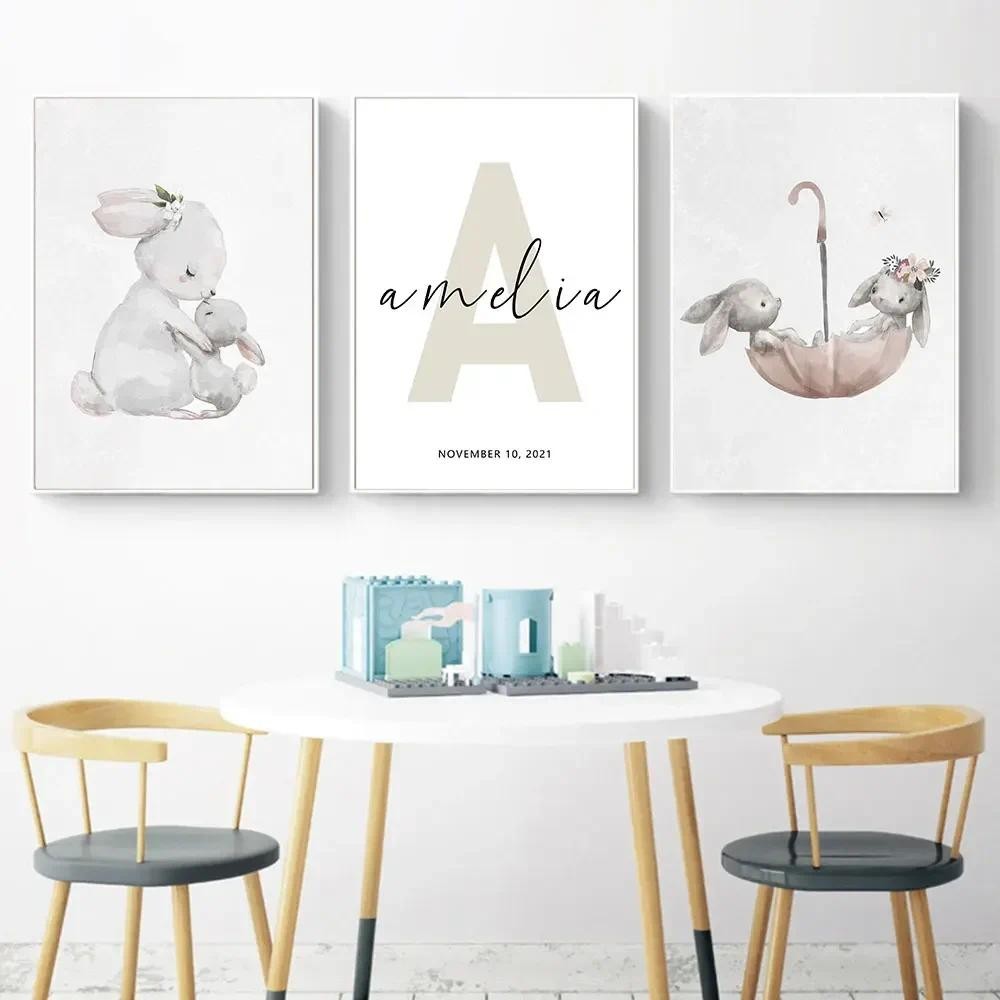 

Custom Baby Name Poster Personalized Canvas Painting Nursery Print Mother love Animals Wall Art for Girls Bedroom Pictures Decor