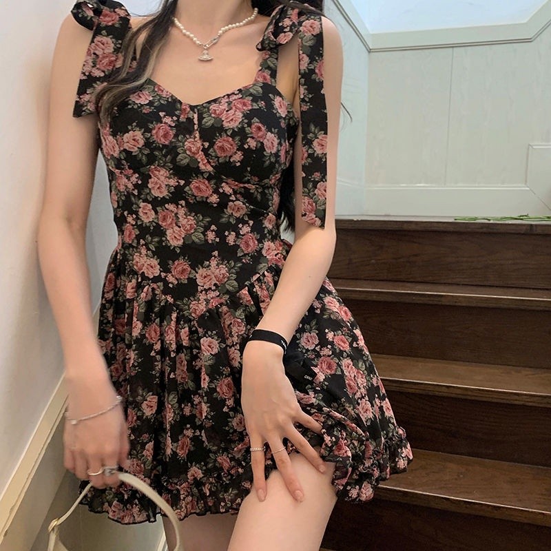 gaun gaya korea busur suspender rok seksi rok pendek floral dress wanita rok pendek