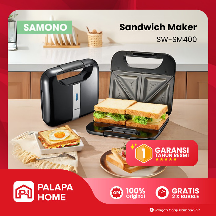 Samono Sandwich Maker Pemanggang Roti Bread Toaster Lipat 2 Slot Anti Lengket Low Watt SW-SM400