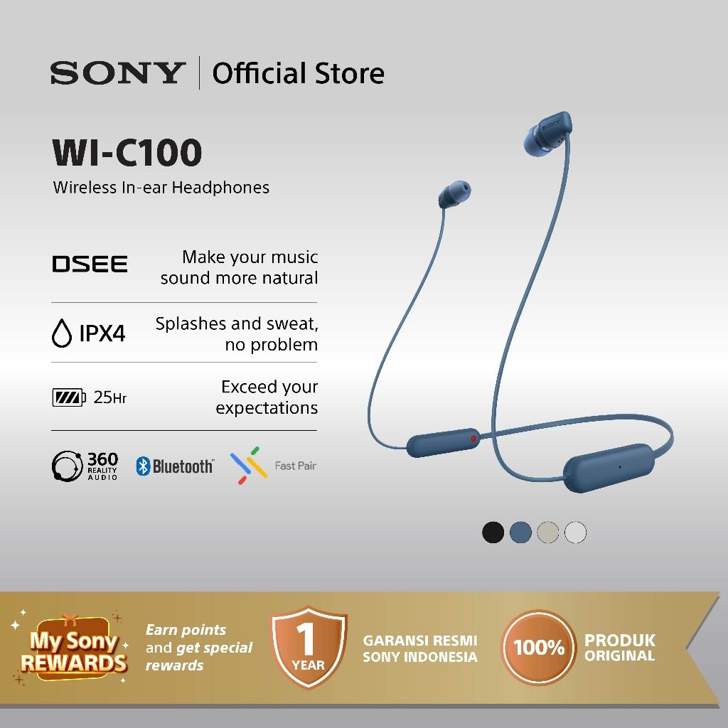 NEW SONY WI-C100 In Ear Wireless Bluetooth Headset With Microphone For Android & IOS - Blue [Battery
