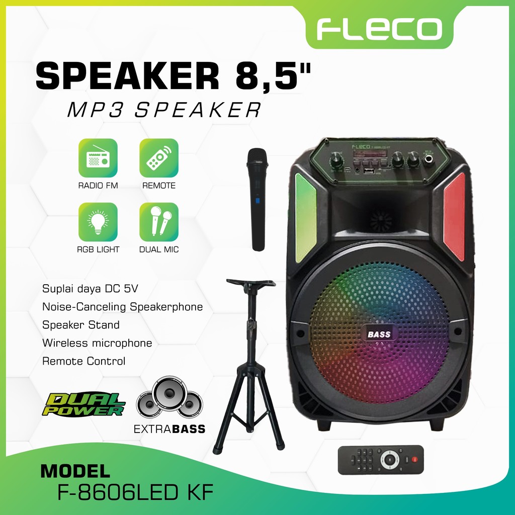 serba cod  SPEAKER BLUETOOTH FLECO F-8606 LED KF 8'5 INCH FREE MIC WIRELESS KARAOKE + STAND + REMOTE