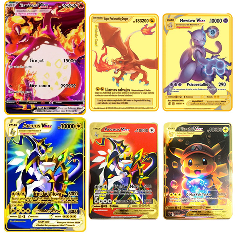 

Pokemon Card 10000 Arceus Pikachu Charizard Vmax Gx Gold Pocket Monster English iron Metal Letters Kids Gift Collection Cards