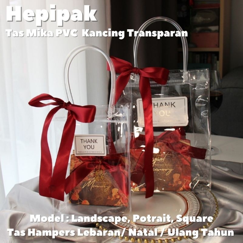 

(10pcs) Ukuran 33x12x25 Tas Souvenir Goodie Bag Ulang Tahun Lebaran Imlek Natal Premium / Tas Mika Kancing PVC Transparan Bening