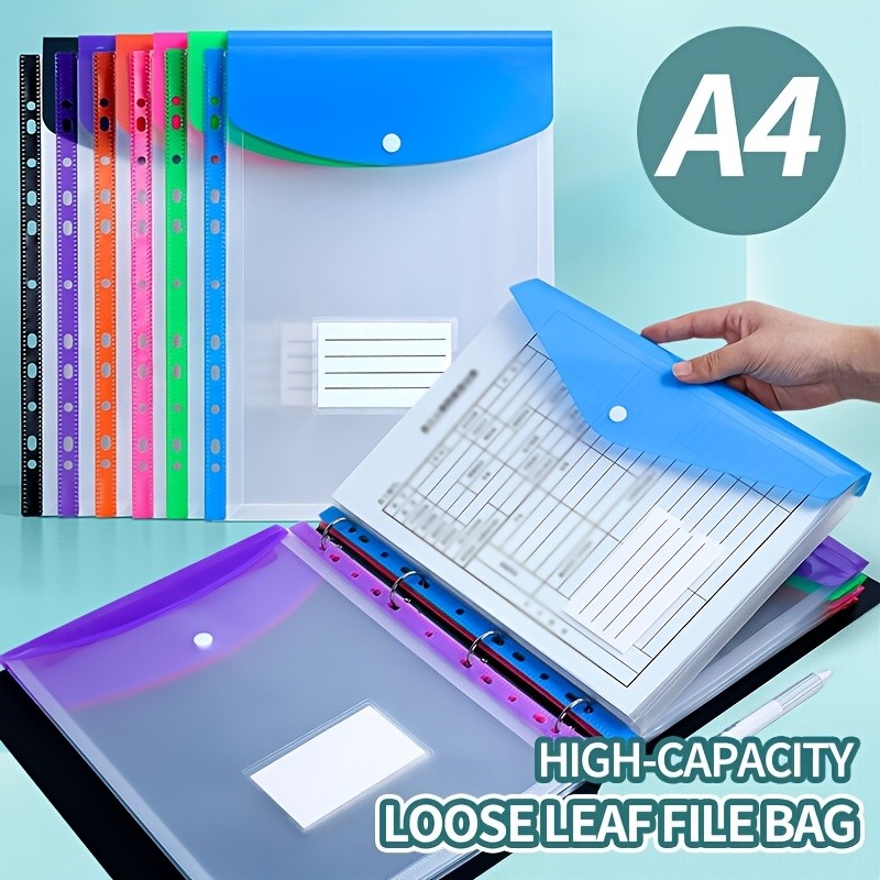

A4 High-Capacity Loose Leaf File Bags with 11-Hole Binder Rings, Expandable Button and Label Pockets for School, Home, Office