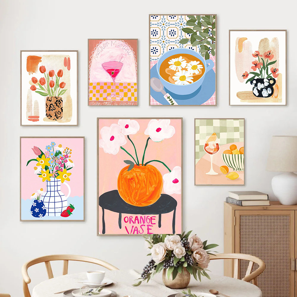 

Retro Flowers Vase Gallery Colorful Funky Poster And Prints Simple Wall Art Canvas Painting Wall Pictures For Living Room Decor