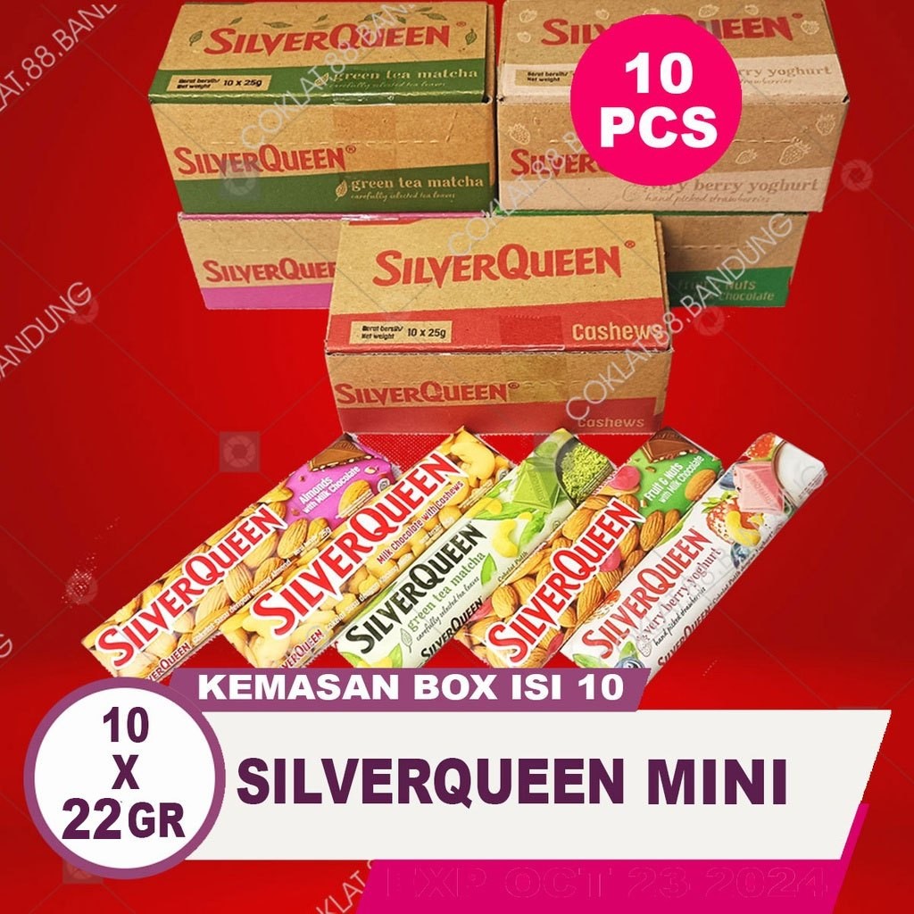 

SilverQueen 22gr Mini - 1 Box Isi 10 Almond Mede Mix Rasa Lengkap, Coklat Silver Queen Chunky Bar