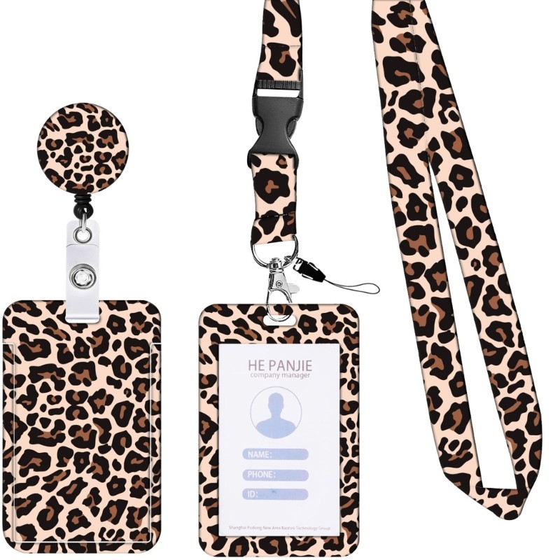 

X9FB Retractable Lanyard with Card Holder Leopard Print Identity Card Badge Holder with Lanyard for Nurse Doctor Teacher