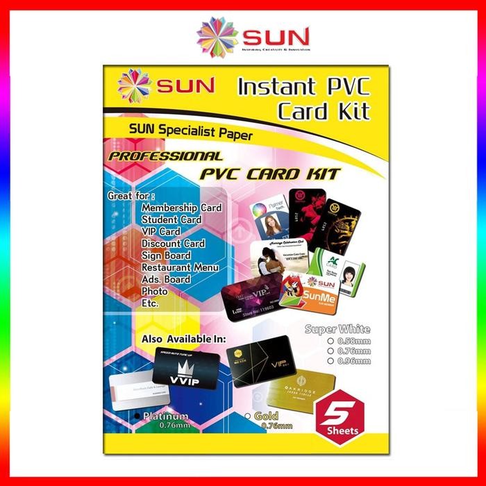 

Promo PVC ID Card A4 PREMIUM - SUN Kertas PVC ID Card Super White 0.76/0.96, Silver/Platinum 0.76 (Isi 5 Lembar = 50 Card) ( Support epson/canon/hp/brother ori/dye/pigment/art paper ink - 664, 003, 673, 790, 810, BT5000, GT51 52, dll) - White 0.76 3 set x