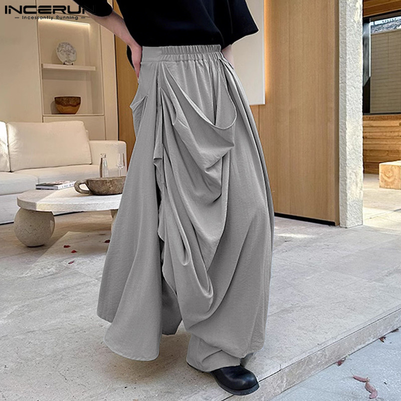 2025 Men Pants Skirts Solid Joggers Pleated Elastic Waist Trousers Men Streetwear Oversize Fashion C