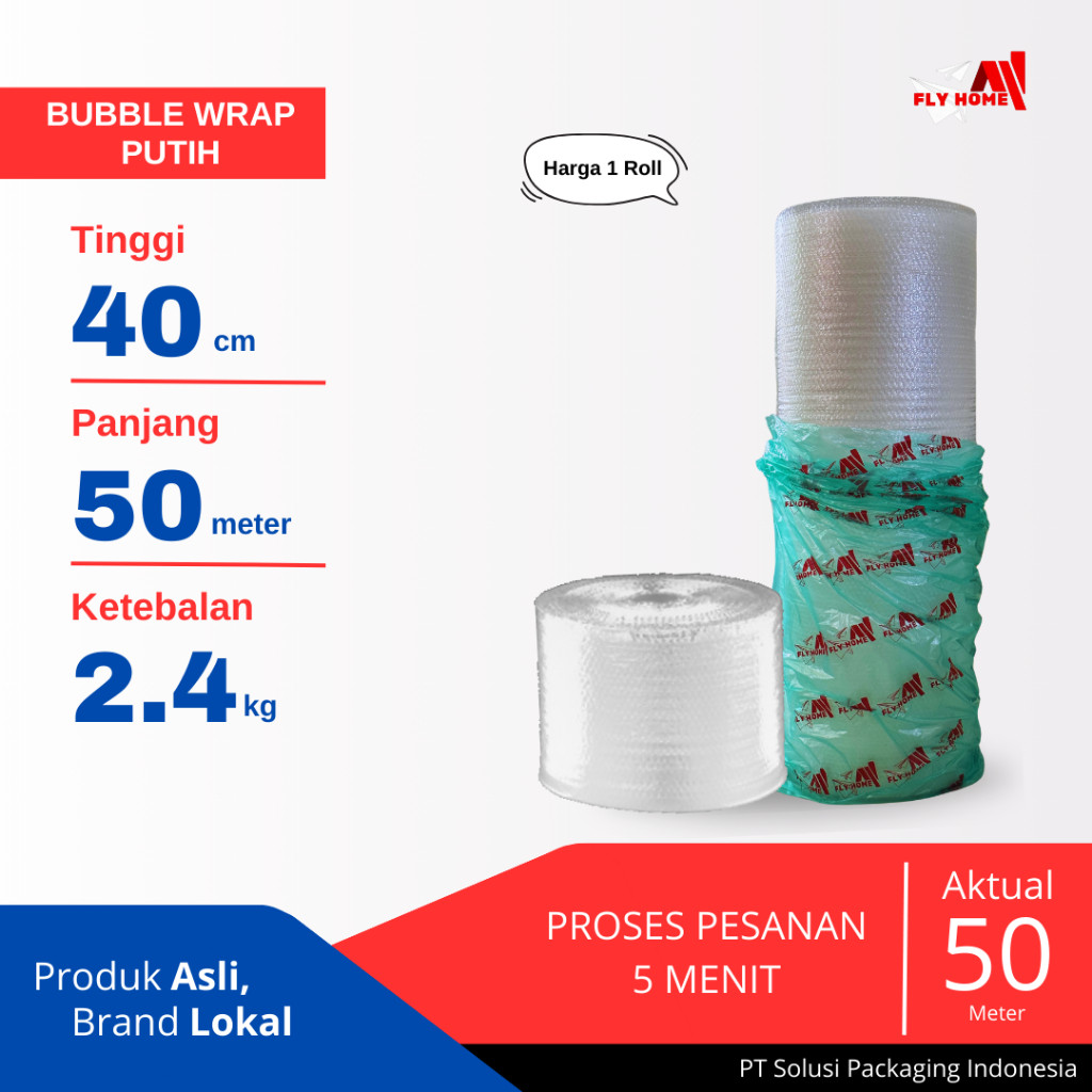 

FLYHOME Bubble wrap putih 40cm potongan 2,4kg 1 roll besar 40x50meter