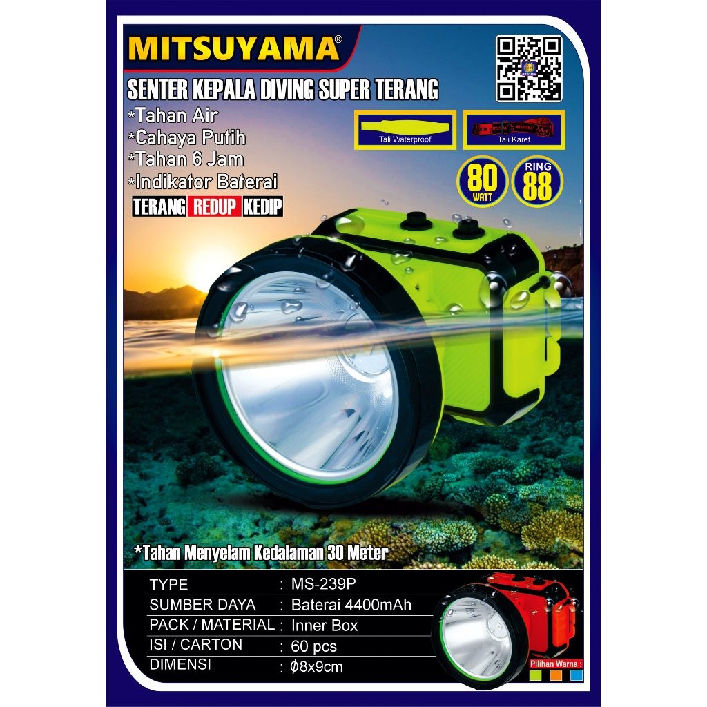 AZHAR.ID Senter Kepala Diving Super Terang Senter Selam Mitsuyama MS-239P MS239K