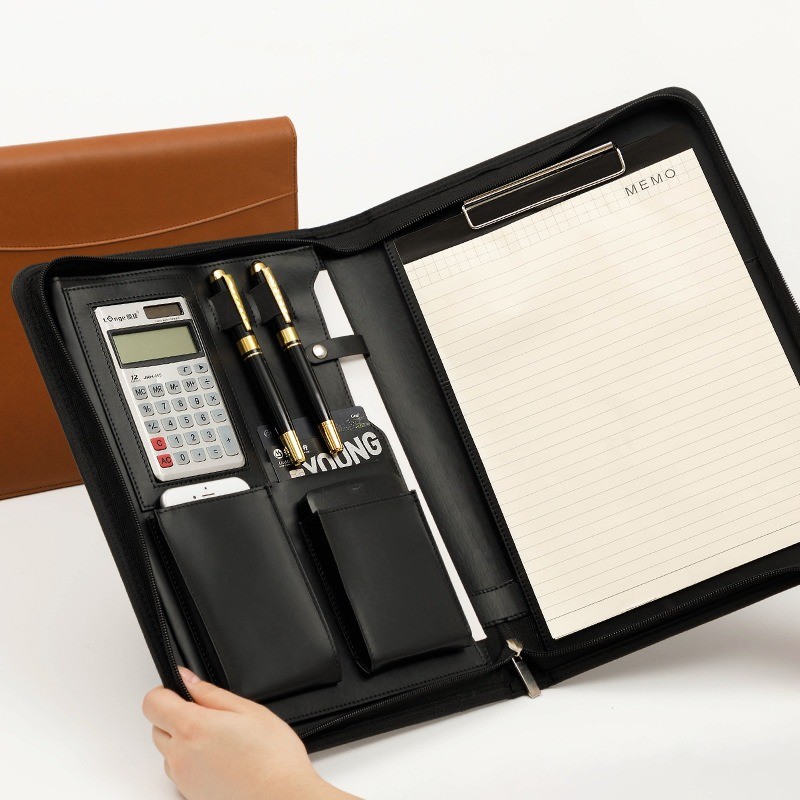 

Multifunctional A4 Leather Conference Portfolio Folder for Document Organizer Zippered Man Executive Folder Briefcase Office