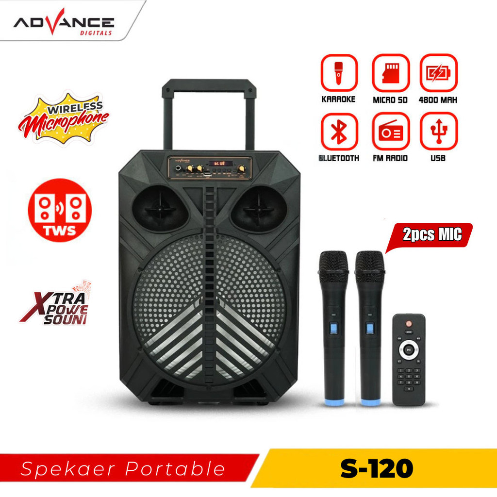 【Bisa dikirim hari ini】Advance Speaker Bluetooth karaoke portable+2xmic Wireless TWS 12inch 120