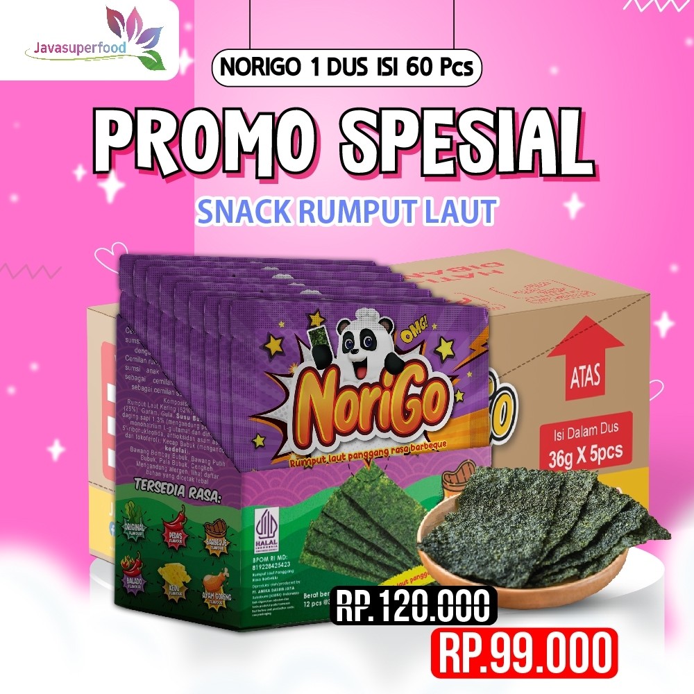 

(BELI 1 DUS FREE 10 PCS) Norigo Nori BBQ Sachet Seaweed Snack 3g Rumput Laut Halal Rasa BBQ