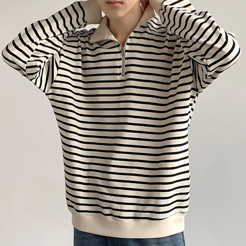 Half Height Zipper Stand Up Collar Striped  Sweatshirt Casual Korean Style Unisex in White Shirt /  