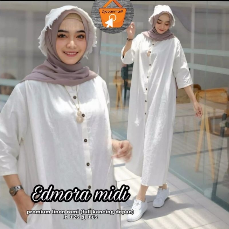 Edmora Midi Dress Bahan Linen Rami Premium Polos Dres Tunik Jumbo Terbaru Kekinian Model Hijab
