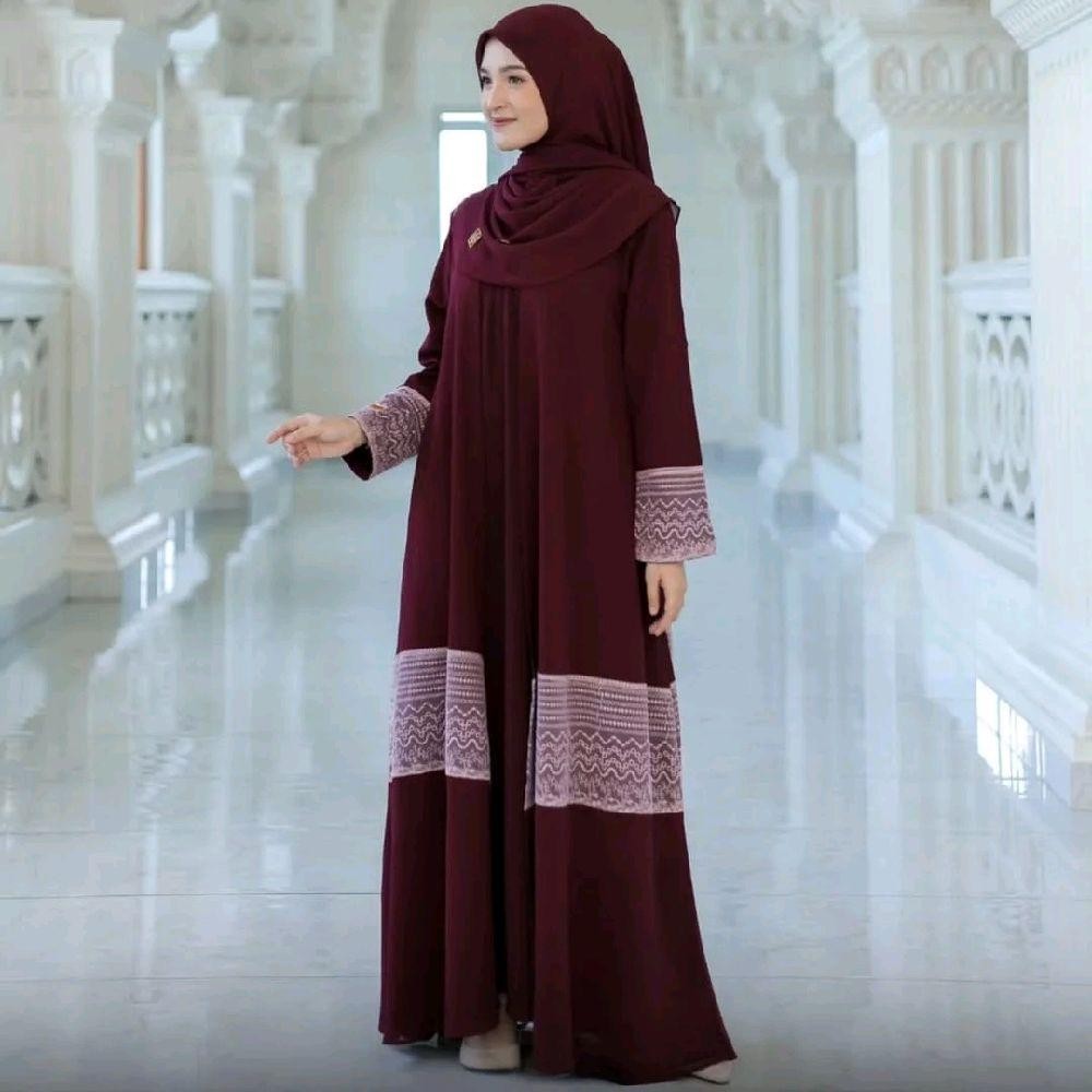 Mahira Abaya Dress Polos Aksen Brukat / Gamis Wanita Model 2 Layer / Dress Muslim Ceruty Babydoll Fu