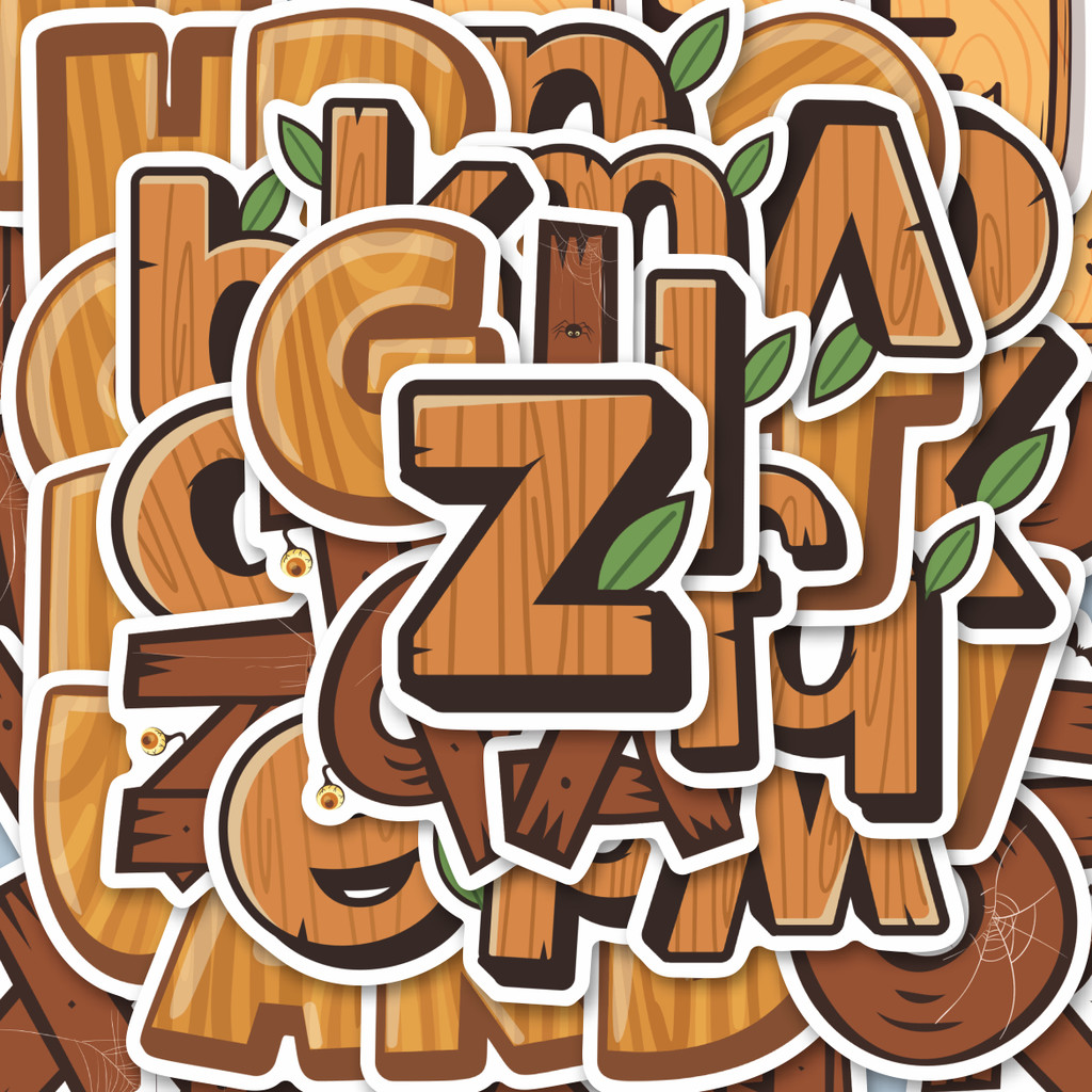 

100PCS Lucu Stiker Alphabet Wood Stiker Aesthetic Stiker Anti Air Stikers Berperekat Waterproof sticker decal buat Motor Helm Buku Journal Koper Casing HP Laptop Botol Minum Hadiah anak