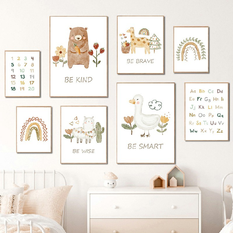 

Watercolor Cute Llama Cactus Bear Duck Giraffe ABC Alphabet Digital Wall Art Canvas Poster Prints Pictures Baby Kids Room Decor
