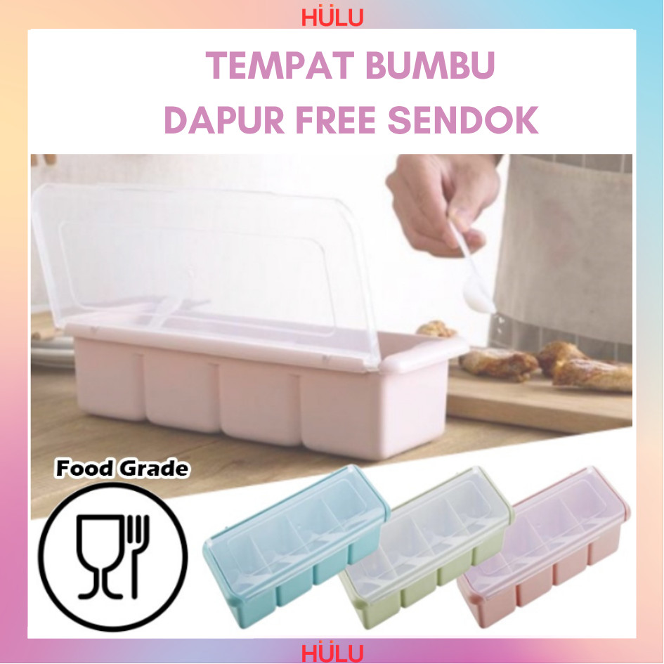 Tempat Bumbu Dapur Panjang 4 Sekat FREE Sendok Kotak Wadah Penyimpanan Gula Garam Micin Lada Seasoni