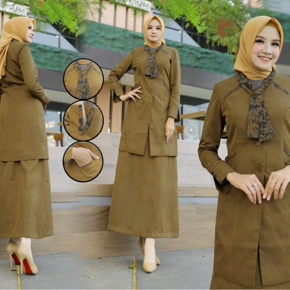 Seragam Kerja Dinas Baju Tunik pemda tua Dasi Kombinasi Batik Wanita Setelan Rok Span/Rok.A/Celana P