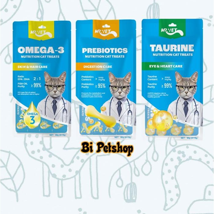 

Mr. Vet Cemilan Kucing Cat Treats 60G Isi 4pcs - Omega 3, Prebiotik dan Taurin - Taurine