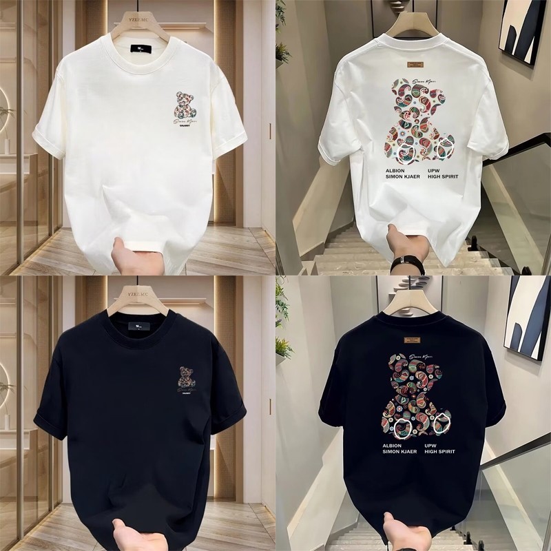 Kaos longgar kasual pria Amerika dengan motif boneka beruang