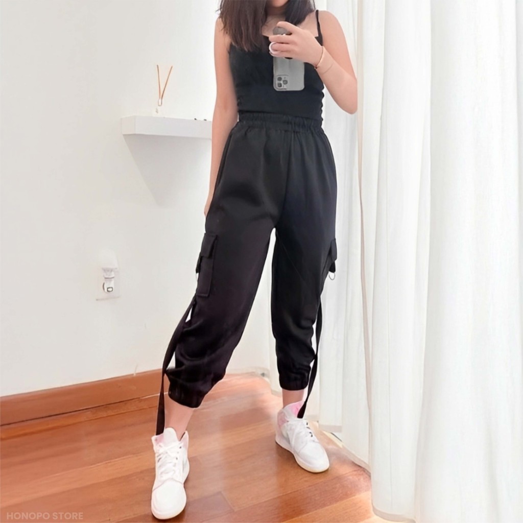 Cargo Pants Wanita Celana Cargo Korean Style Kekinian Hitam Putih Honopo